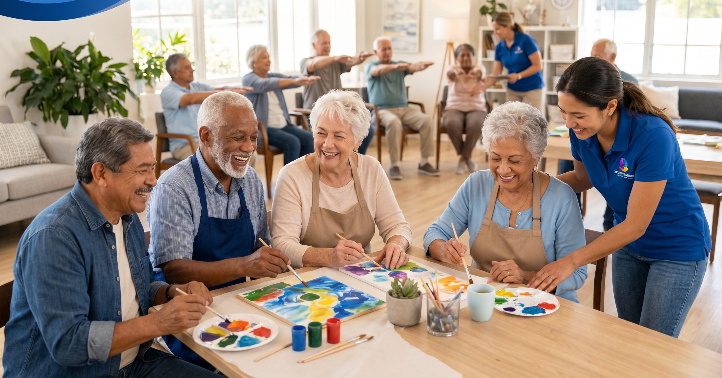 Cuidadora sonriendo con adulta mayor en una actividad de arte